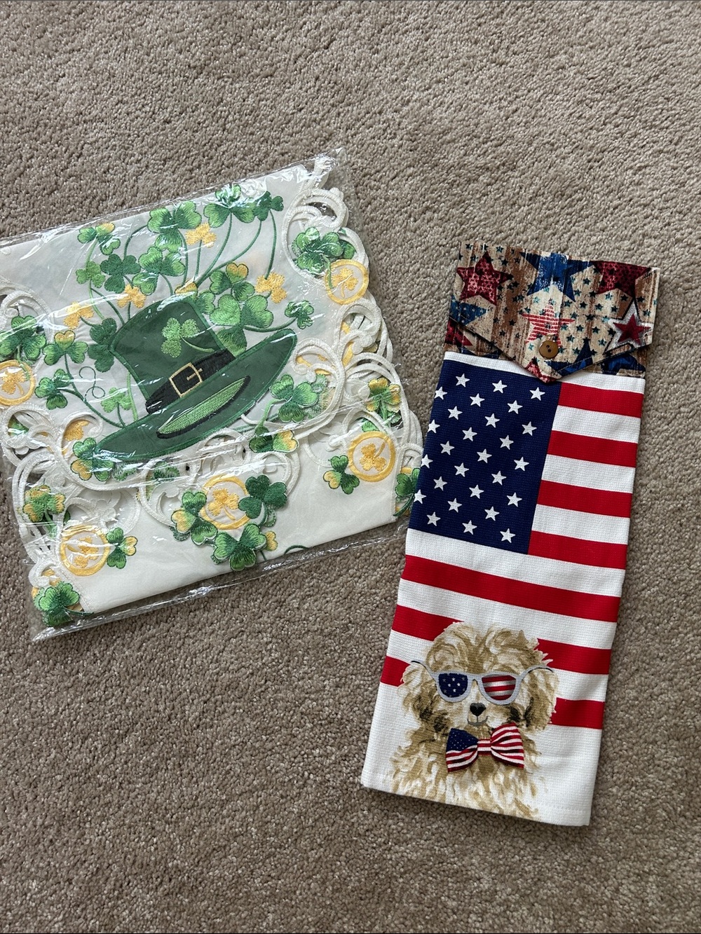 Festive Americana Dog Tea Towel & Shamrock St. Patrick's table runner Set